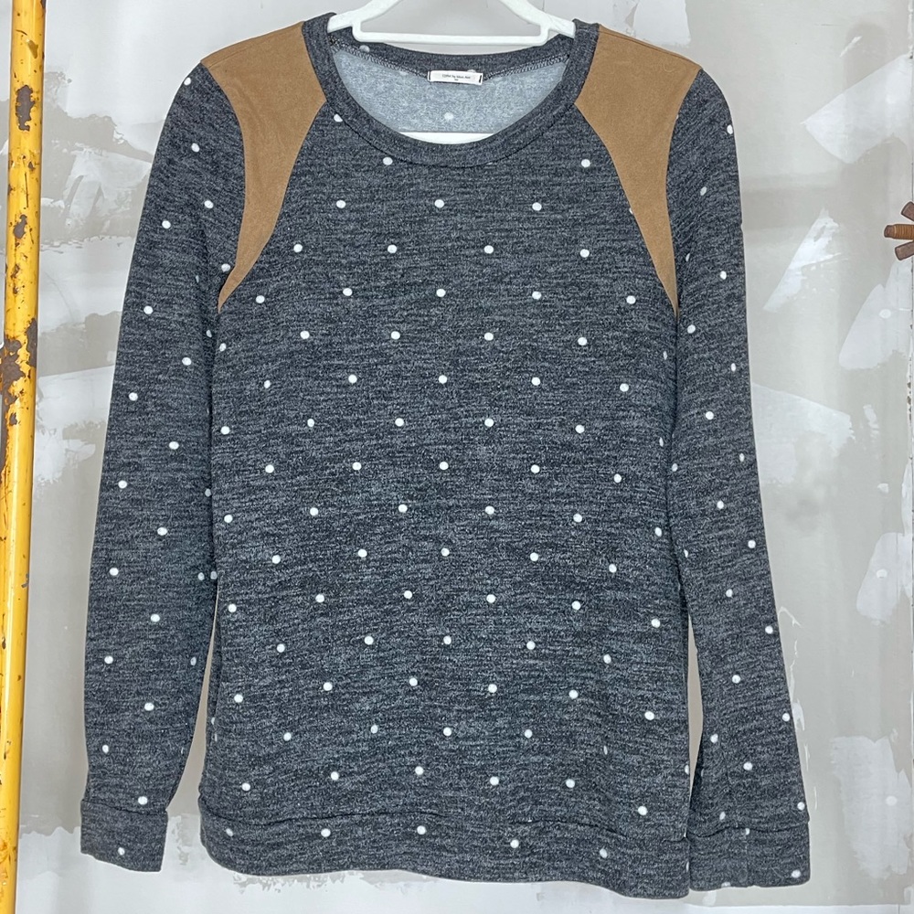 Mon Ami Grey Dot Top with Vegan Suede Yoke & Elbow Patches